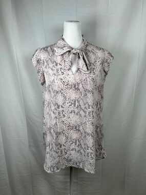 Loft Animal Print Sleeveless Blouse Size Small Pink Grey Bow Ruffle Shoulder